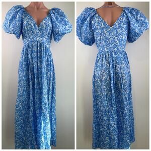 De Loreta Rococo Lavanda Print Puff Sleeve Floral Midi Blue Dress  Size S